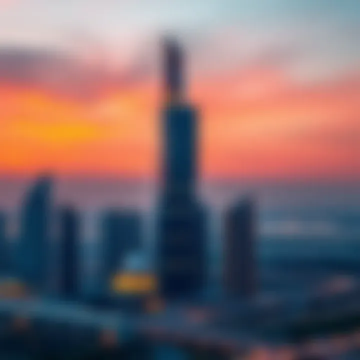 Sunset view of Ajman Tower illuminating the skyline with vibrant colors.