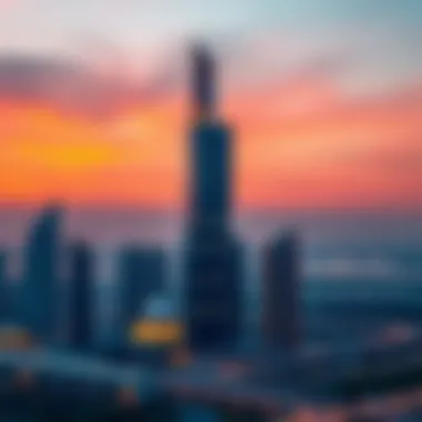 Ajman Tower at Sunset Sunset view of Ajman Tower illuminating the skyline with vibrant colors.