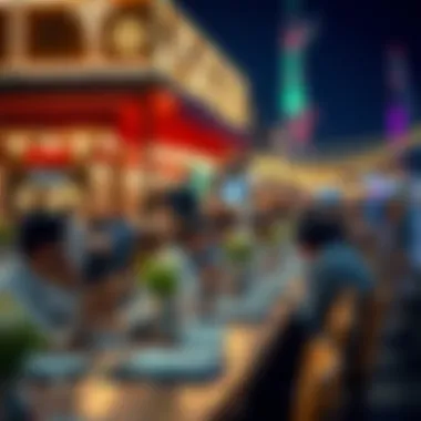 Culinary Delights by the Waterfront Visitors enjoying a meal at a waterfront restaurant, highlighting the dining options available at Al Seef Market.