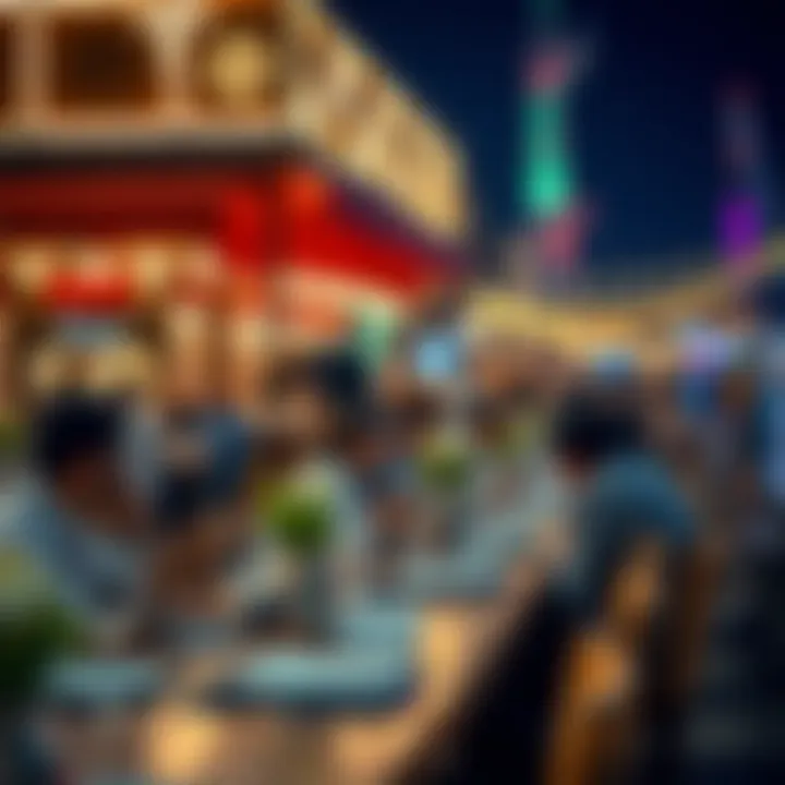 Culinary Delights by the Waterfront Visitors enjoying a meal at a waterfront restaurant, highlighting the dining options available at Al Seef Market.