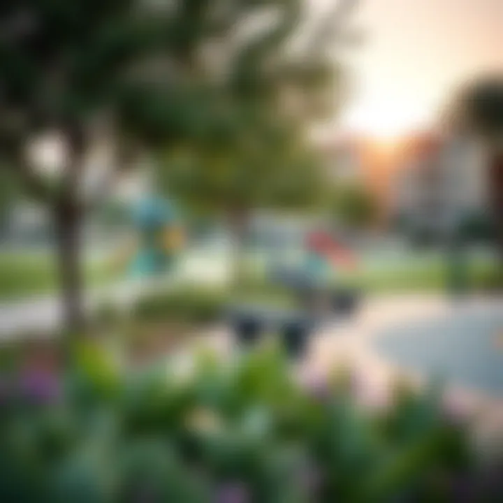 Community amenities in an affordable Dubai neighborhood featuring parks and recreational facilities