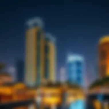 Evening shot of City Walk Building Five illuminated against the Dubai skyline