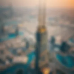 Aerial view of DMCC Almas Tower against Dubai skyline