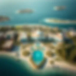 Aerial view of Dream Island showcasing luxurious villas and green spaces