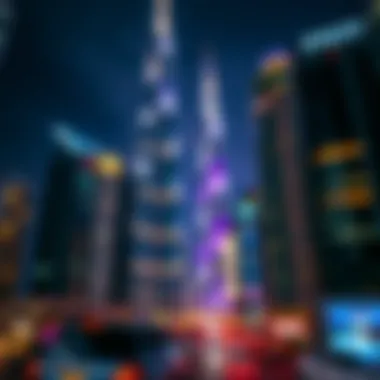 Vibrant Nightlife of Dubai's Towers Night view of illuminated city towers showcasing urban vibrancy