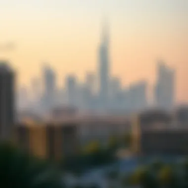 A view of Dubai's skyline with single partition room buildings in the foreground.