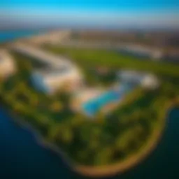 Aerial view of Al Hamra Falcon Island showcasing luxury villas and lush landscapes