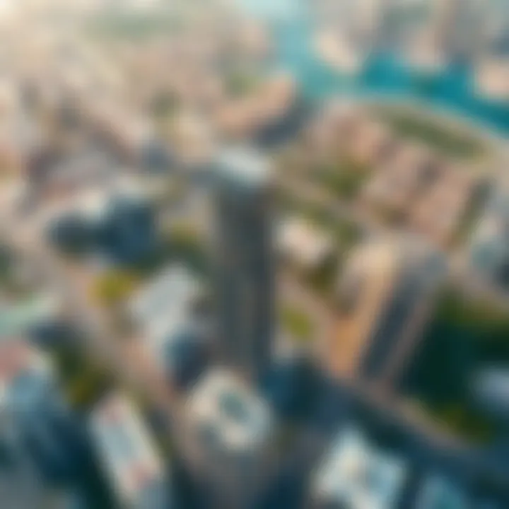 Aerial view of Burj Mansur surrounded by vibrant city life and greenery