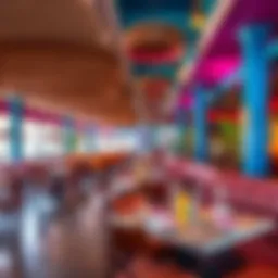 A vibrant beach restaurant setting with colorful decor