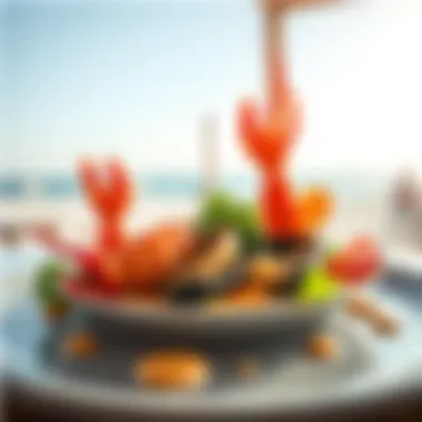Seafood Delight by the Shore A beautifully plated seafood dish with a beach backdrop