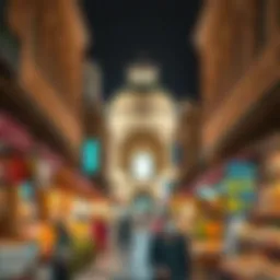A panoramic view of the bustling Deira market showcasing traditional architecture.