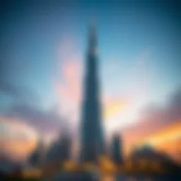 Stunning view of Burj Khalifa against a sunset sky