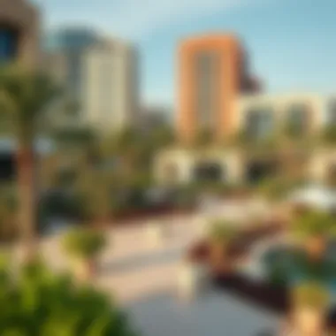 Modern architecture surrounding a beautifully landscaped Dubai park.