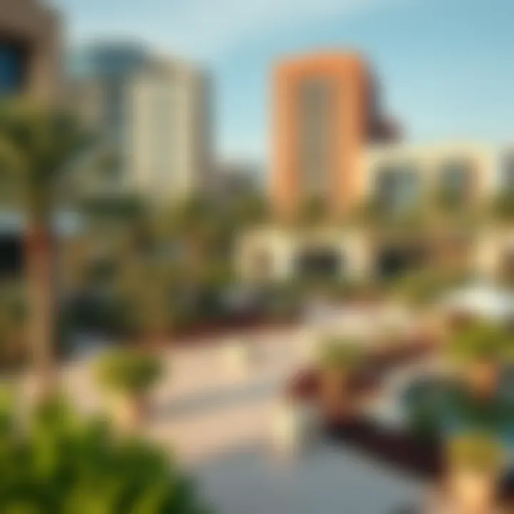 Modern architecture surrounding a beautifully landscaped Dubai park.