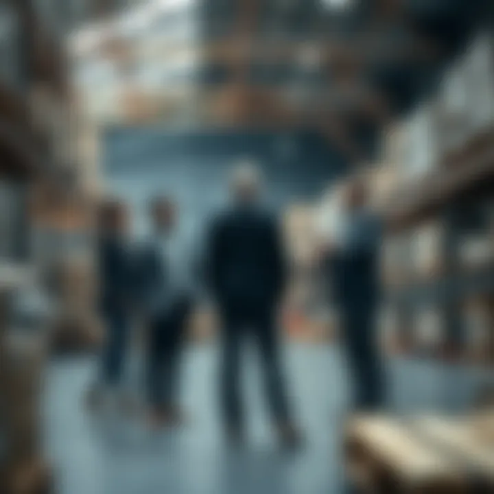 Business professionals discussing logistics strategy in a warehouse