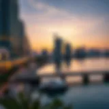 A stunning view of River Dubai Downtown at sunset