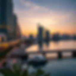 A stunning view of River Dubai Downtown at sunset