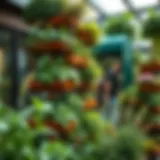 Vertical garden tower showcasing various herbs and plants