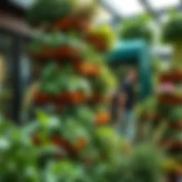 Vertical garden tower showcasing various herbs and plants