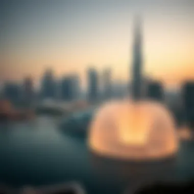 Stunning skyline view of Dubai with the Fountain in the foreground
