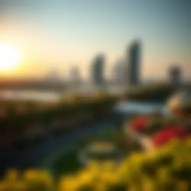 Panoramic view of urban gardens integrated with cityscape