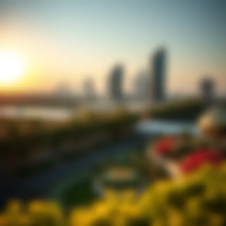Panoramic view of urban gardens integrated with cityscape