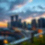 A stunning view of the Jumeirah Lakes Towers skyline at sunset