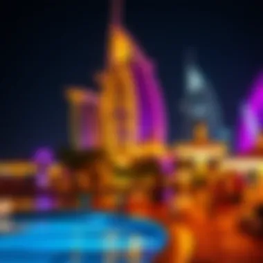 Vibrant nightlife scene with illuminated landmarks on Palm Island.