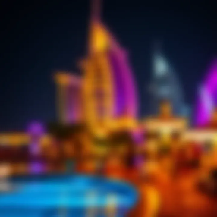 Vibrant nightlife scene with illuminated landmarks on Palm Island.