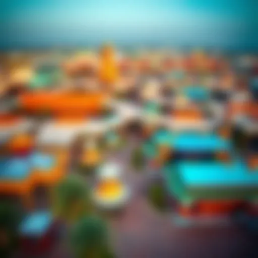 Aerial view of Global Village showcasing colorful pavilions.