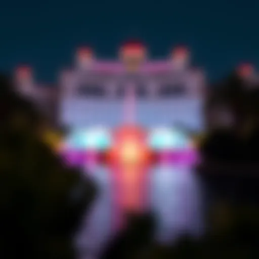 A stunning view of La Fontana Dubai at night, showcasing its vibrant water displays illuminated by colorful lights.