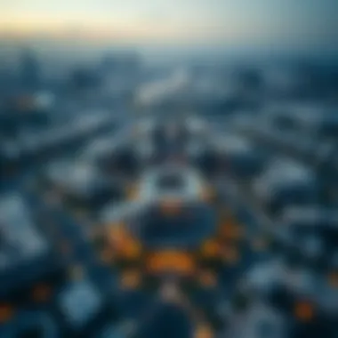 Aerial Perspective of La Fontana and Its Surroundings Aerial view of the surrounding developments near La Fontana Dubai, illustrating its impact on the real estate landscape.