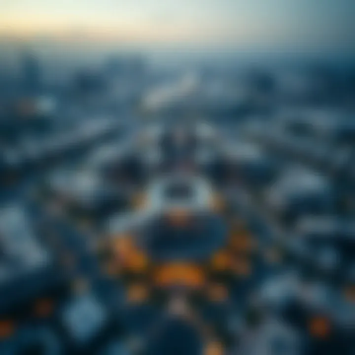 Aerial Perspective of La Fontana and Its Surroundings Aerial view of the surrounding developments near La Fontana Dubai, illustrating its impact on the real estate landscape.