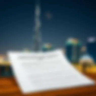A legal document with a view of the Burj Khalifa in the background representing real estate transactions