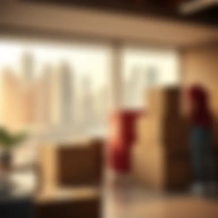 Boxes packed for relocation with a backdrop of Dubai skyline