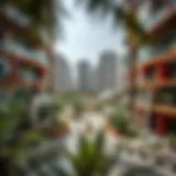 A panoramic view of a modern Dubai neighborhood showcasing high-rise buildings and greenery