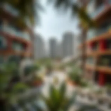 A panoramic view of a modern Dubai neighborhood showcasing high-rise buildings and greenery