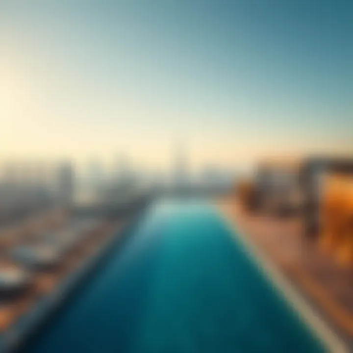 Rooftop Pool View Stunning rooftop pool with a city skyline backdrop