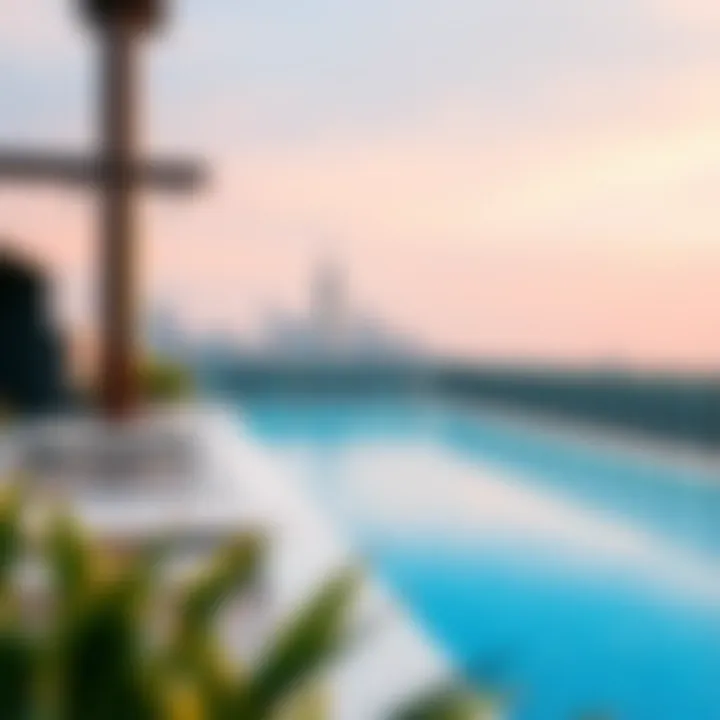 Stunning view of the rooftop pool with city skyline in the background