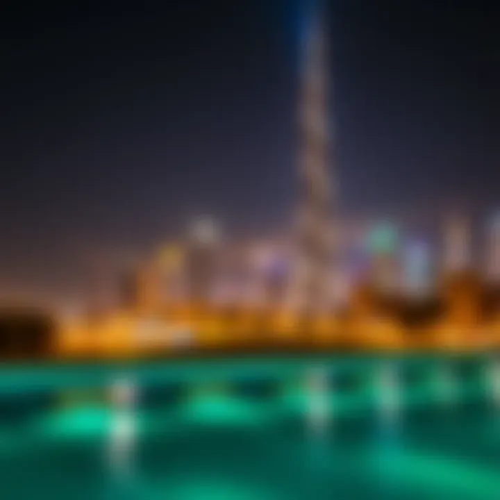 Dubai's Skyline at Night Highlighting the Tower Nighttime skyline of Dubai with the tallest building illuminated against the sky.