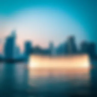 A panoramic view of the Dubai skyline with the water show in focus