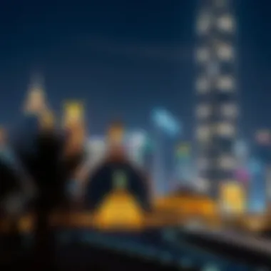 Night view of Yas Tower illuminated against Dubai's skyline